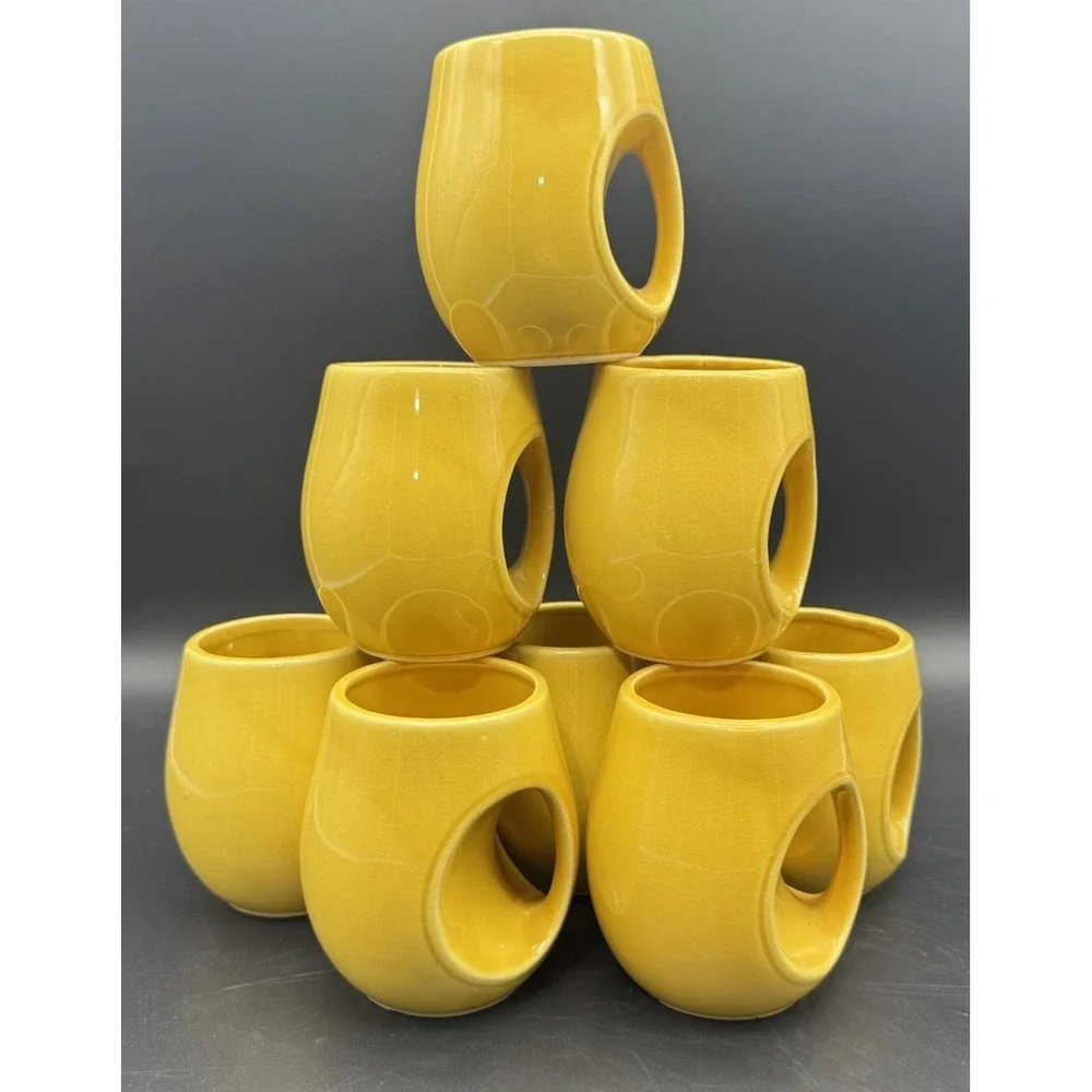 Vintage Bright Yellow Ceramic Tea Cups Set Of 8 MCM Japan Circular Handle 6-7 Oz